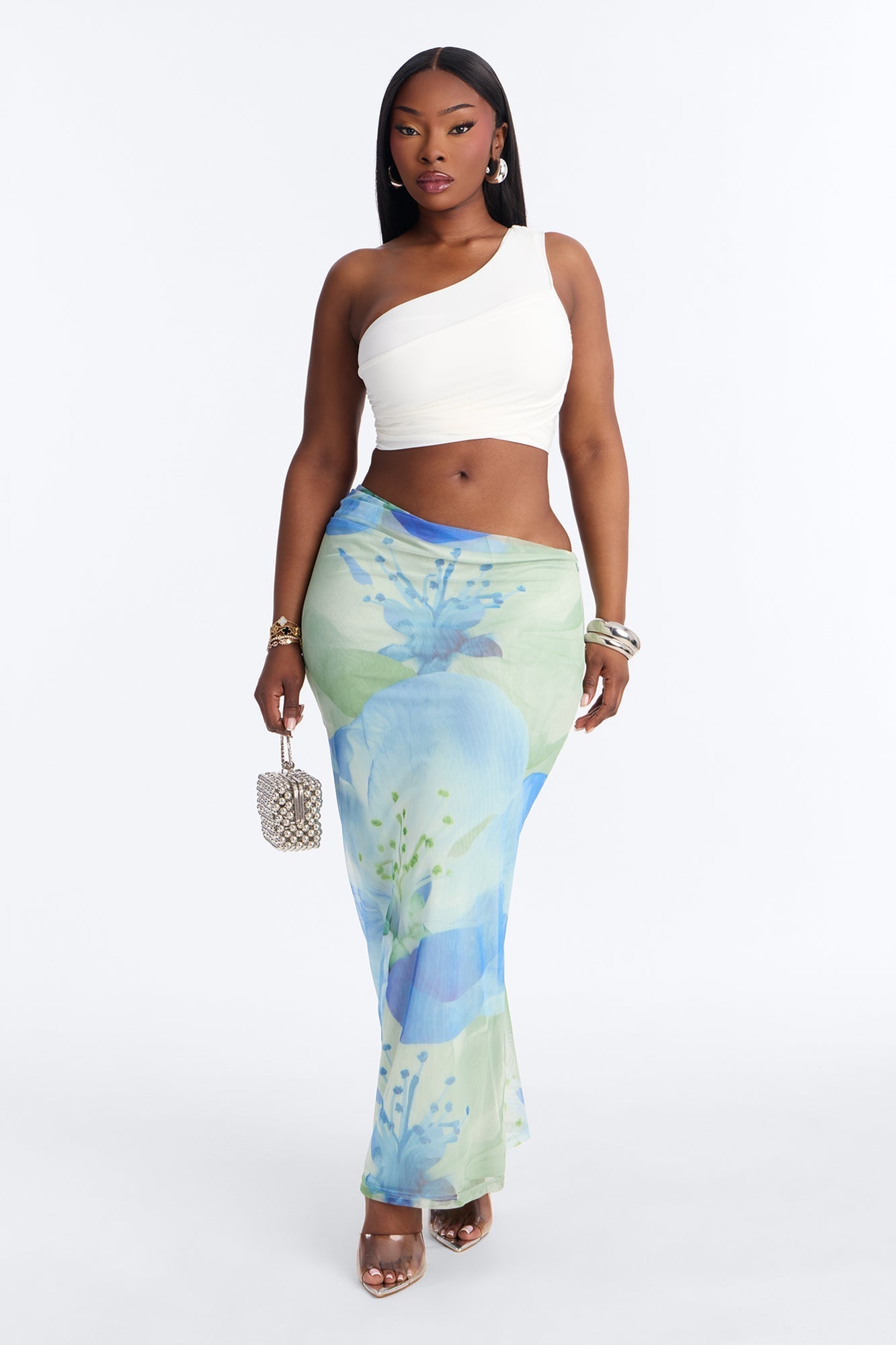 Izzie Asymmetrical Floral Mesh Maxi Skirt - Blue/combo