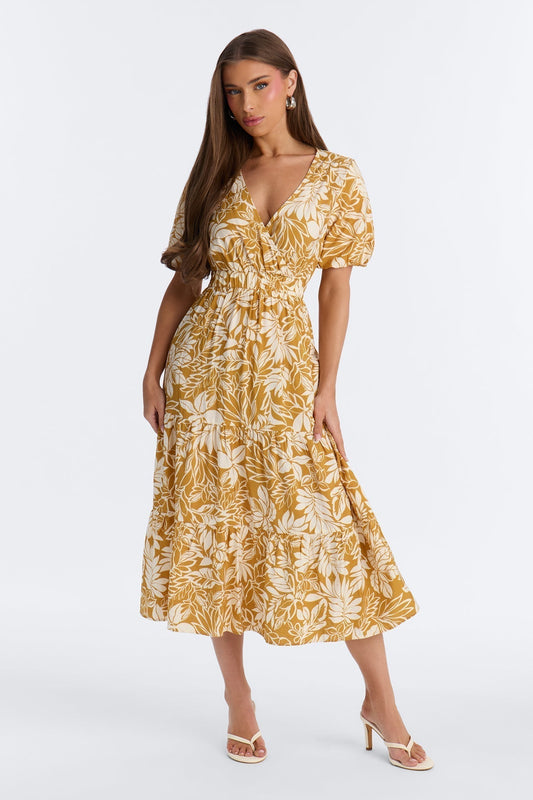 Elena Printed Midi Dress - Chartreuse