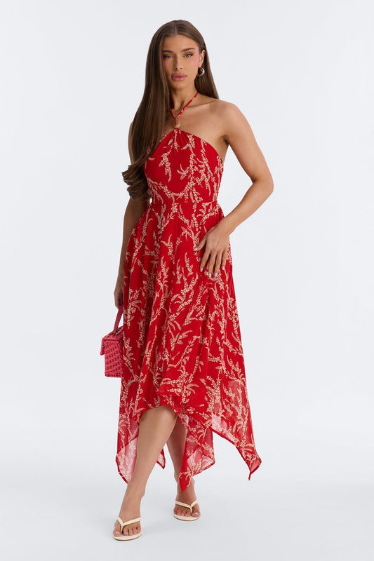 Nina Print Chiffon Midi Dress - Red/combo
