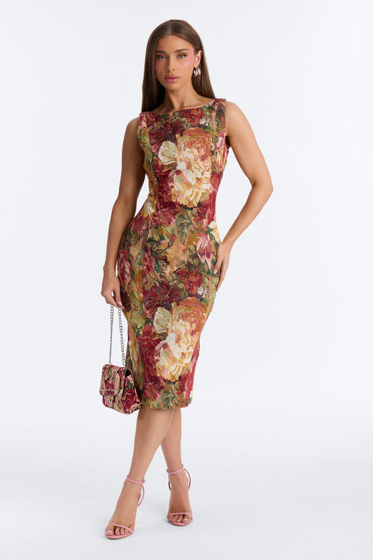 Brittany Floral Jacquard Midi Dress - Burgundy/combo