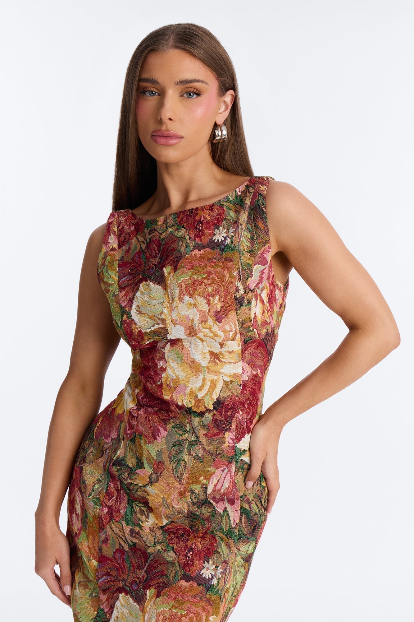 Brittany Floral Jacquard Midi Dress - Burgundy/combo