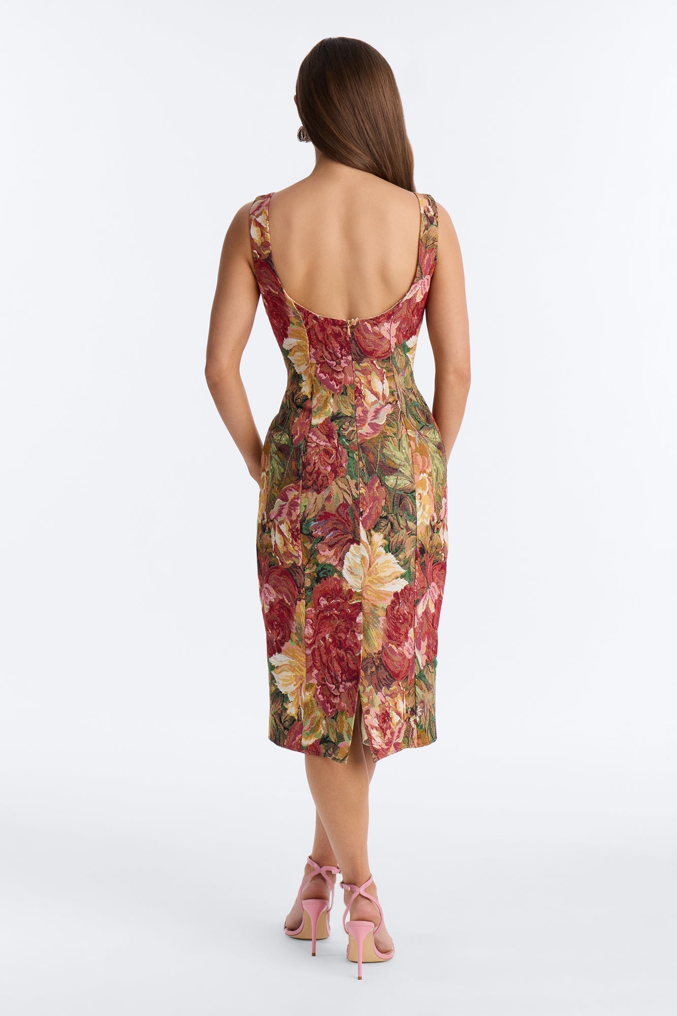 Brittany Floral Jacquard Midi Dress - Burgundy/combo