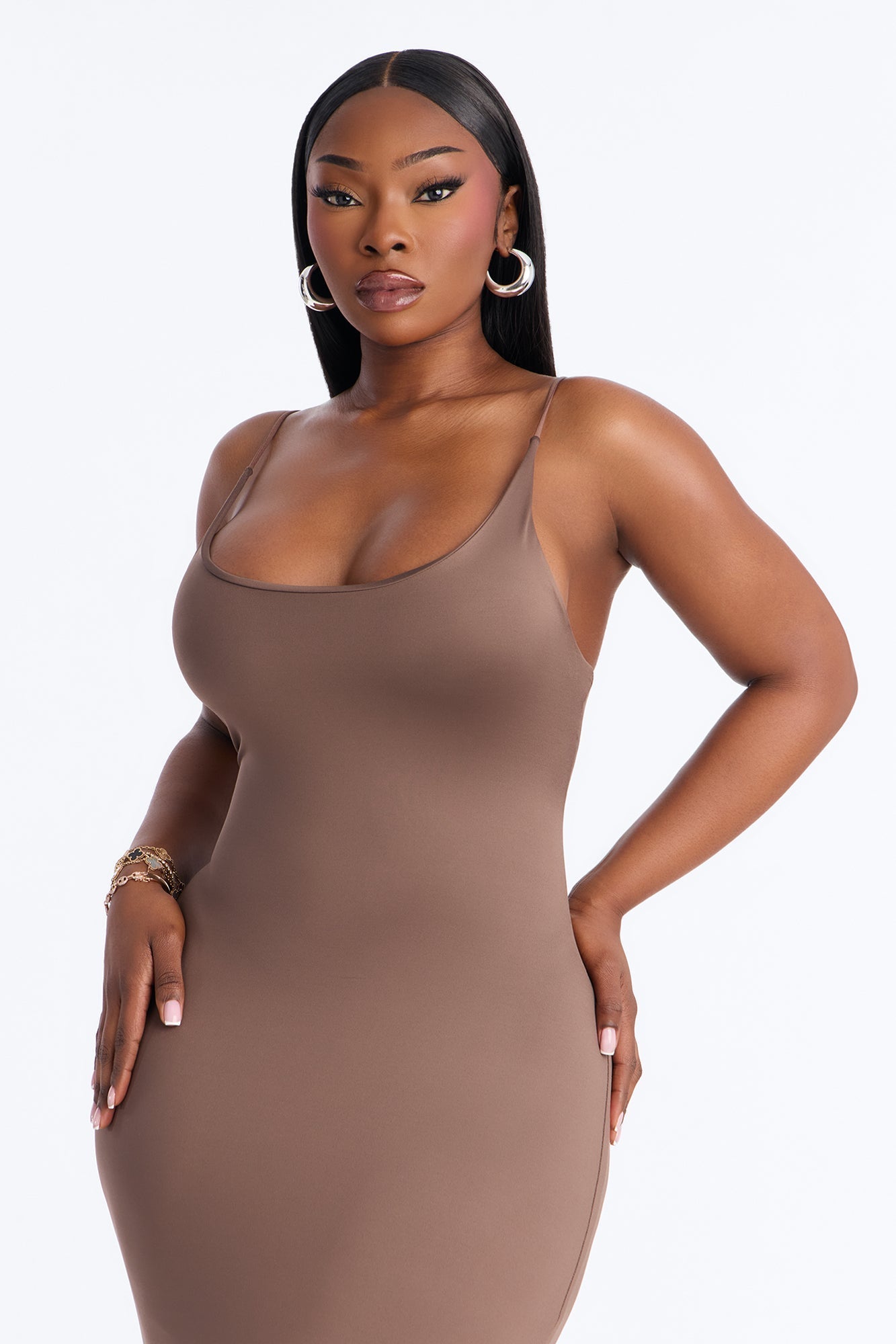 Contour Double Lined Scoop Neck Spaghetti Strap Maxi Dress - Brown