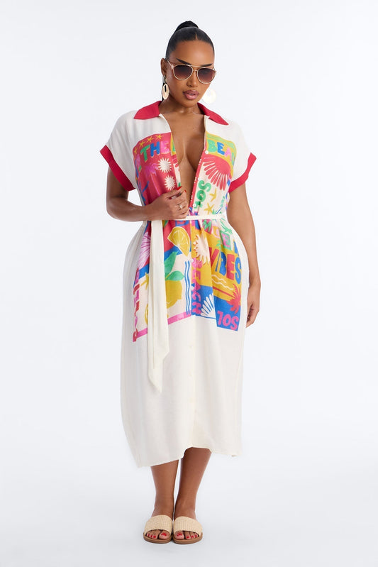 Elisa Printed Shirt Midi Dress - White/combo