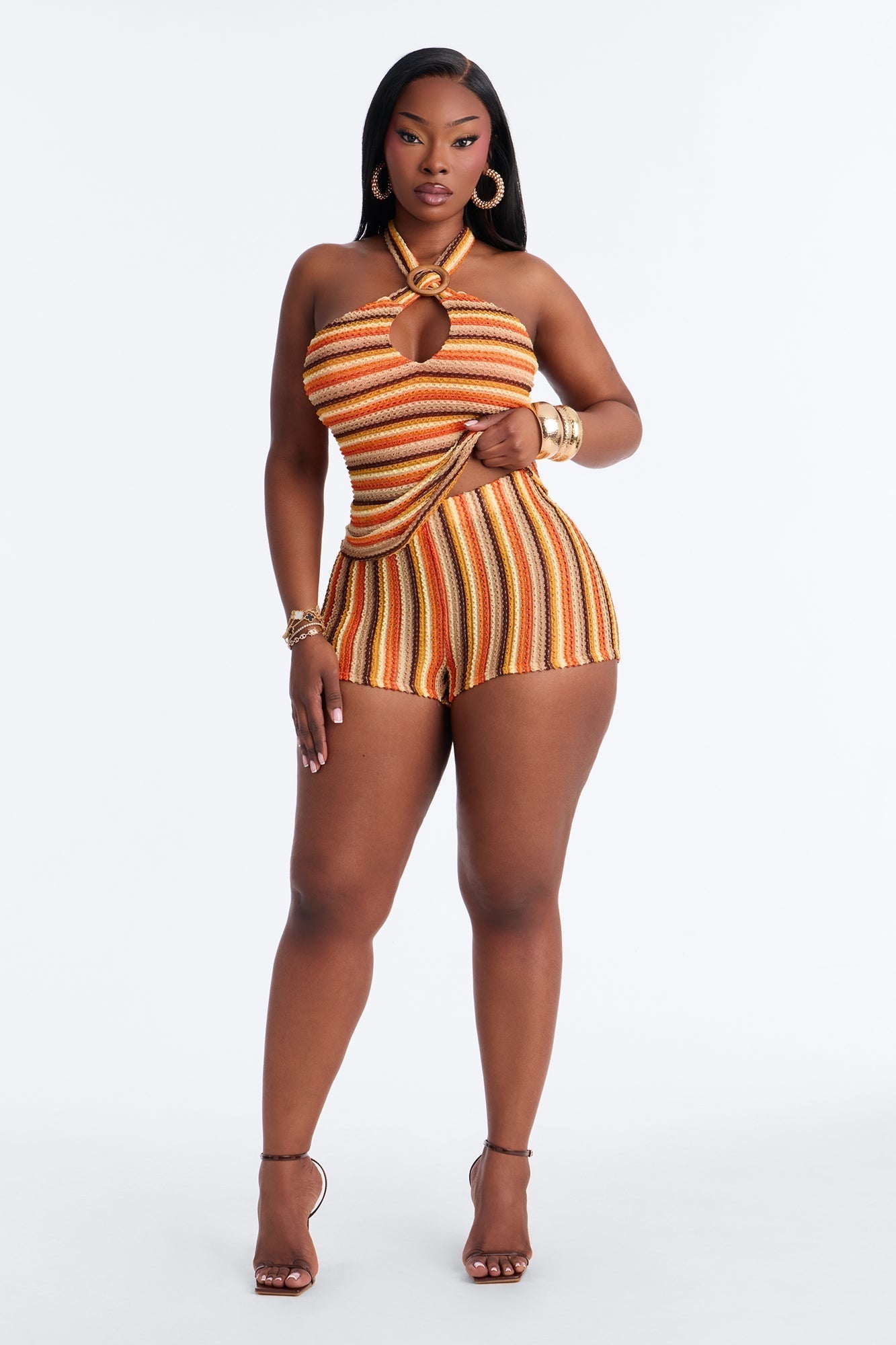 Sienna Textured Knit Striped Micro Short - Orange