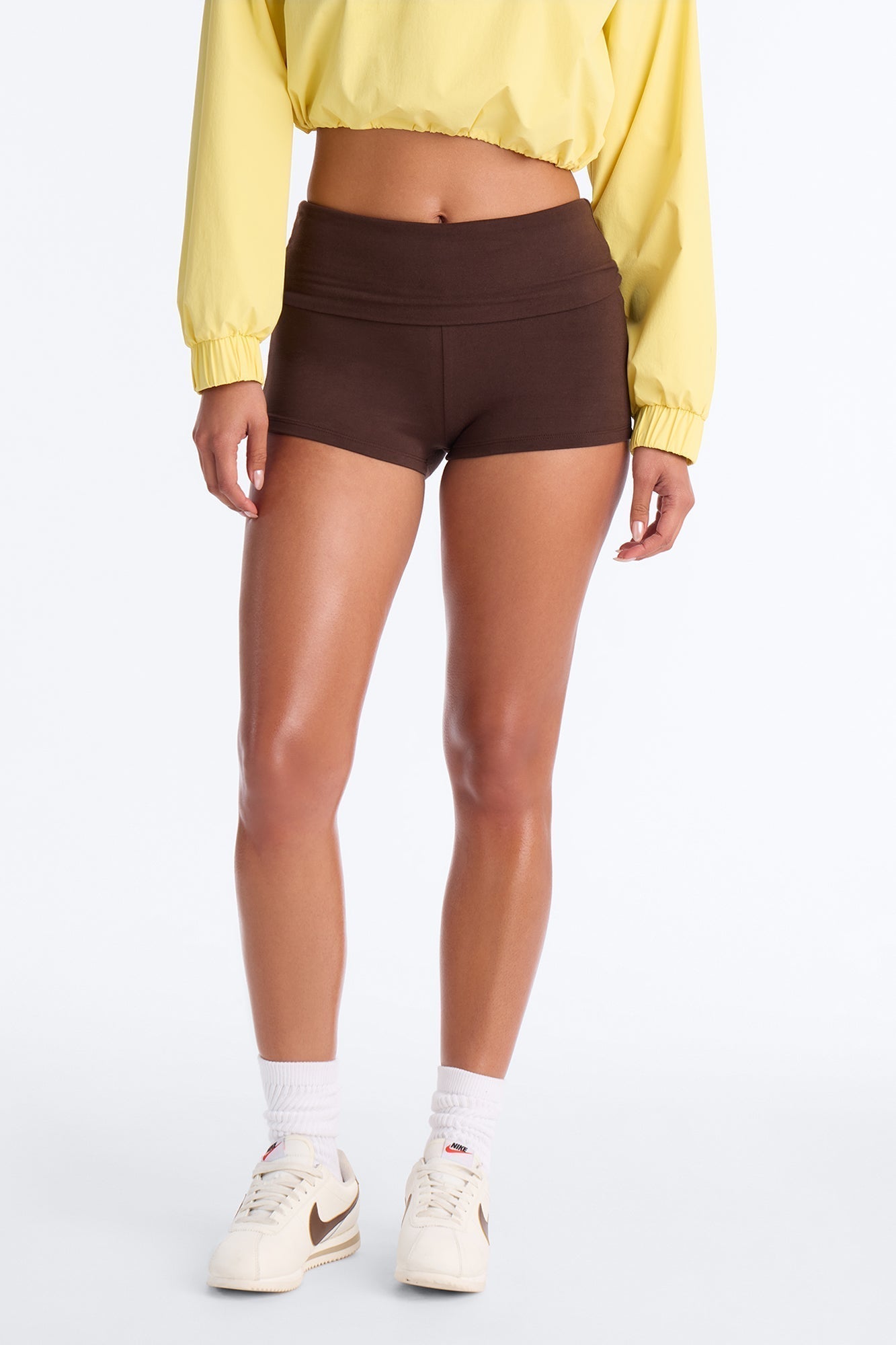 Staying In Mid Rise Fold Over Biker Shorts - Chocolate