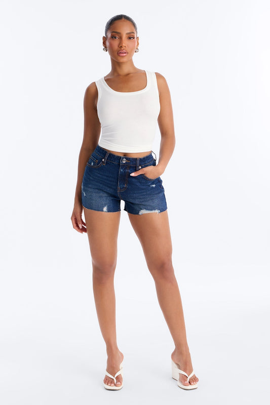 Crashing Out Ripped Cut Off Denim Shorts - Dark Wash