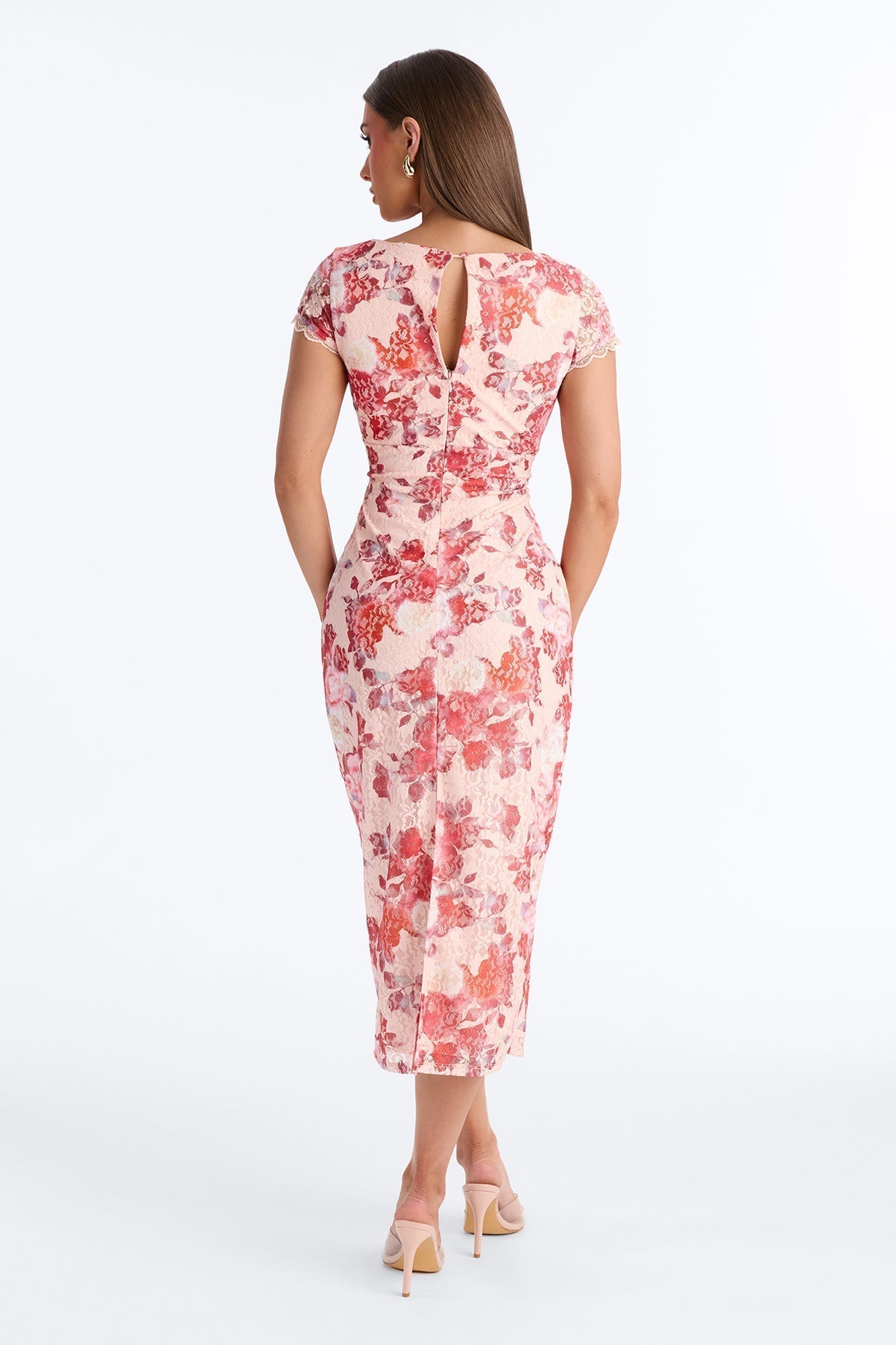 Charlotte Floral Lace Midi Dress - Red/combo