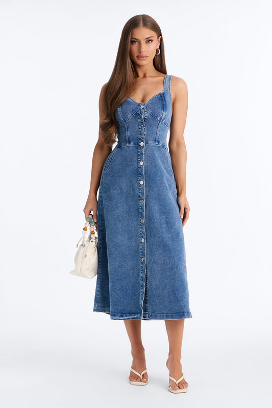 Cara Button Up Denim Midi Dress - Denim