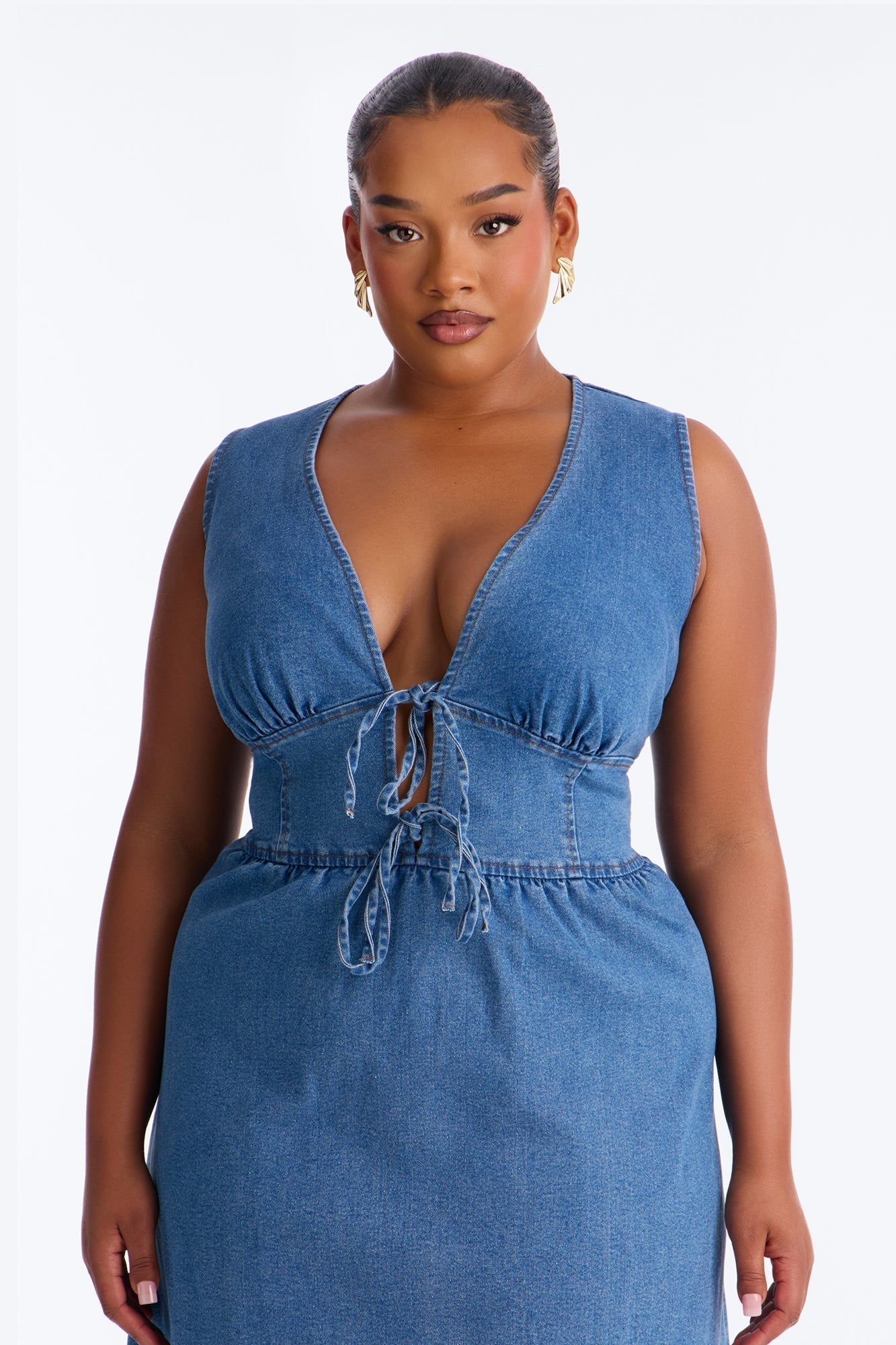 Rory Pleated Denim Midi Dress - Medium Wash