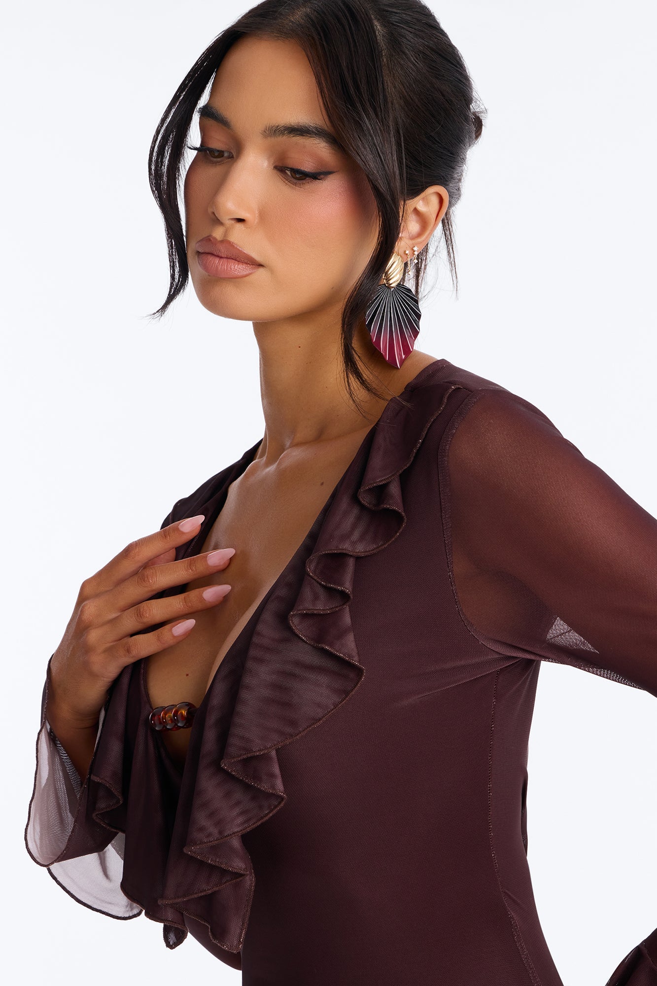 Erica Ruffle Mesh Maxi Dress - Brown/combo