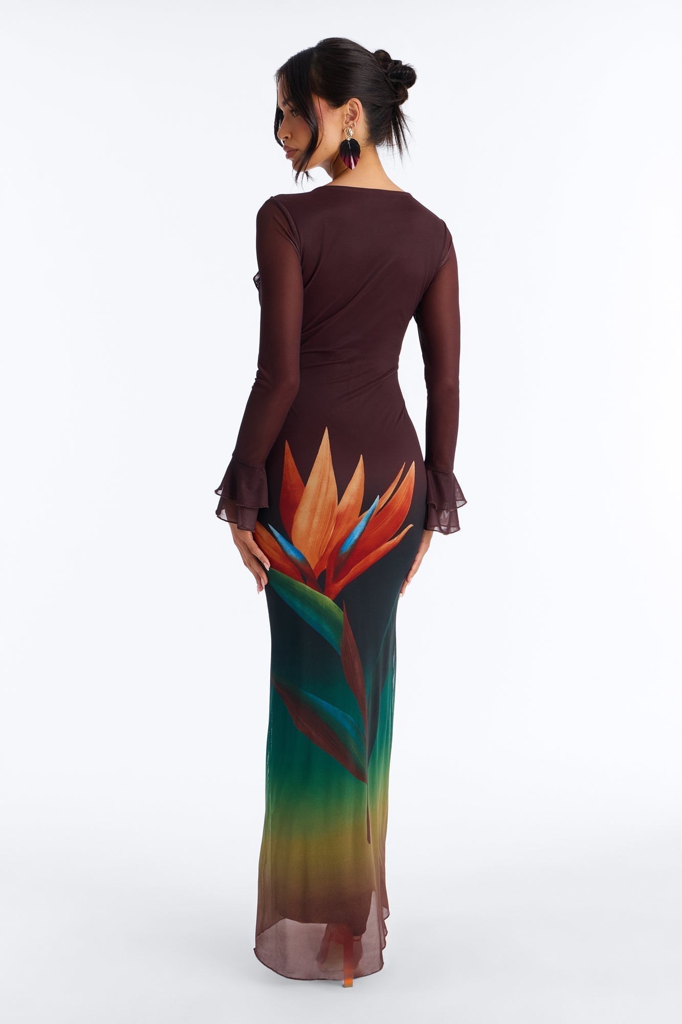 Erica Ruffle Mesh Maxi Dress - Brown/combo