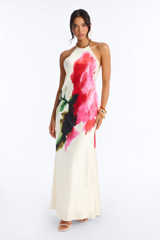Cordelia Sleeveless Satin Maxi Dress - Cream/combo