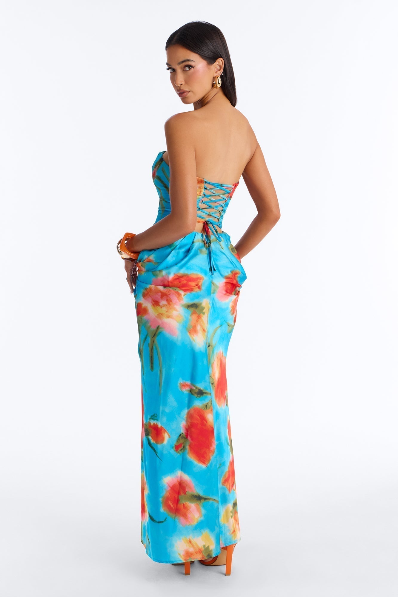 Nylah Corset Tie Dye Satin Maxi Dress - Blue/combo