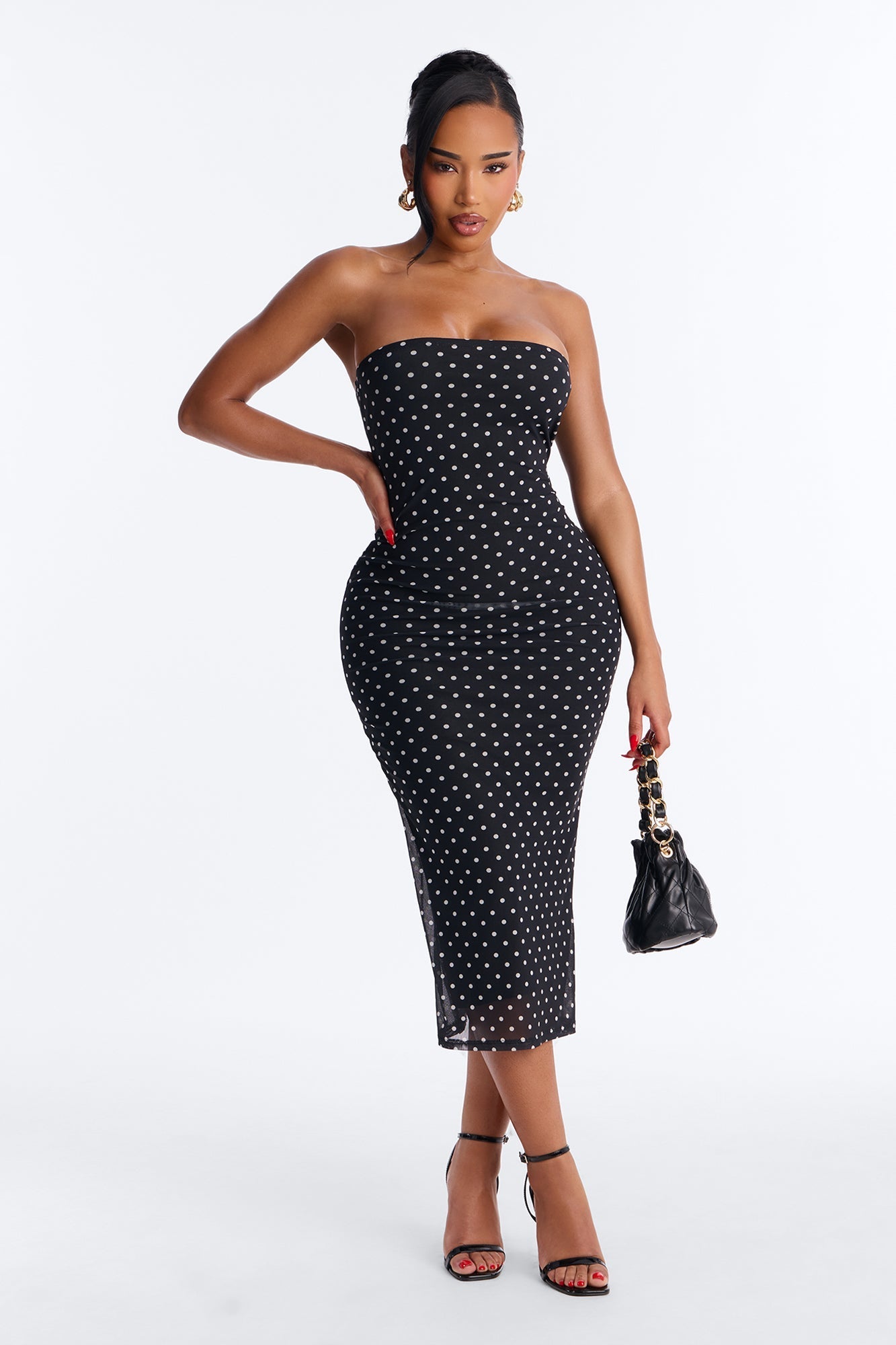 Elara Printed Mesh Midi Dress - Black/White