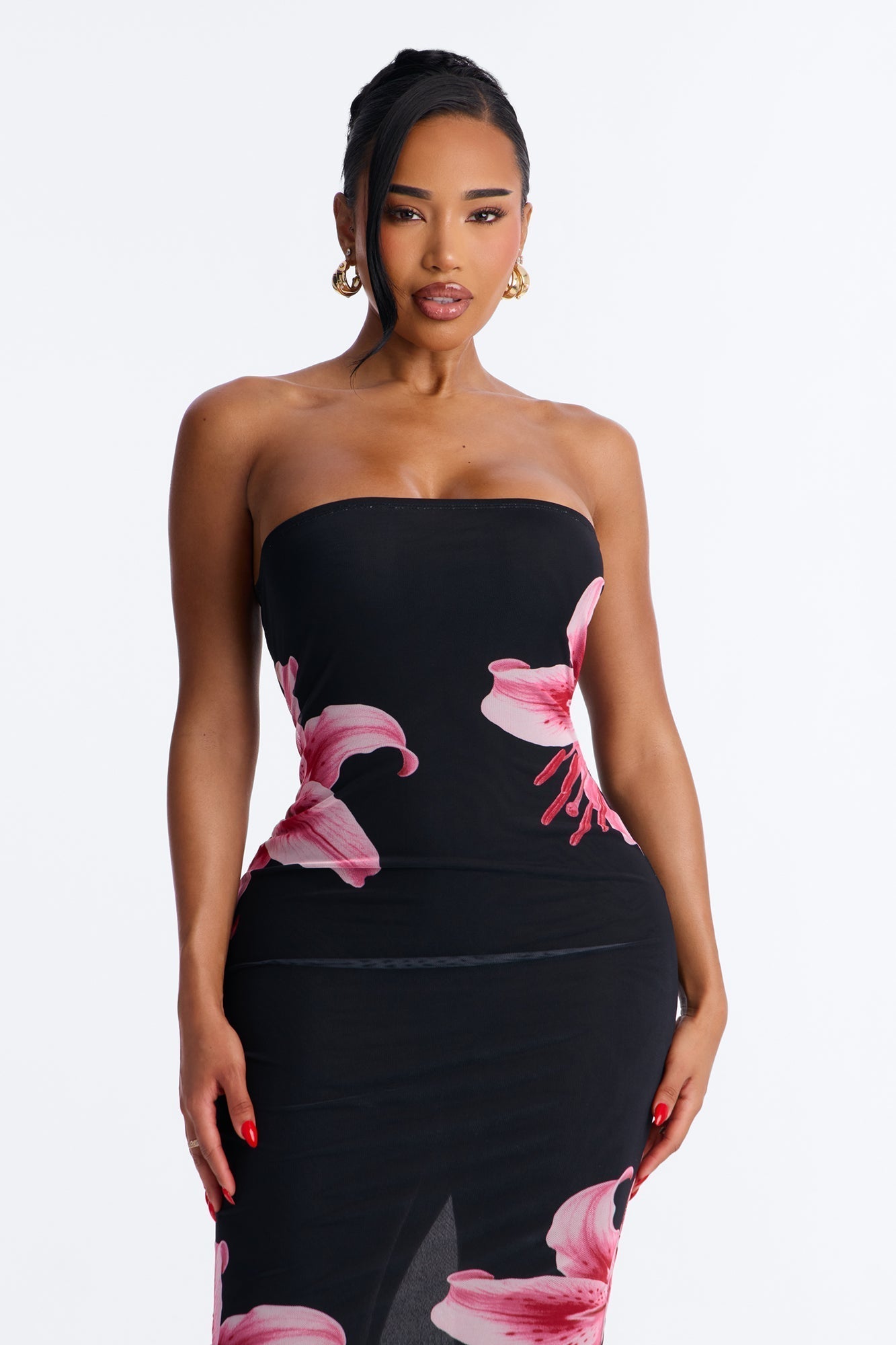 Elara Printed Mesh Midi Dress - Black/Pink