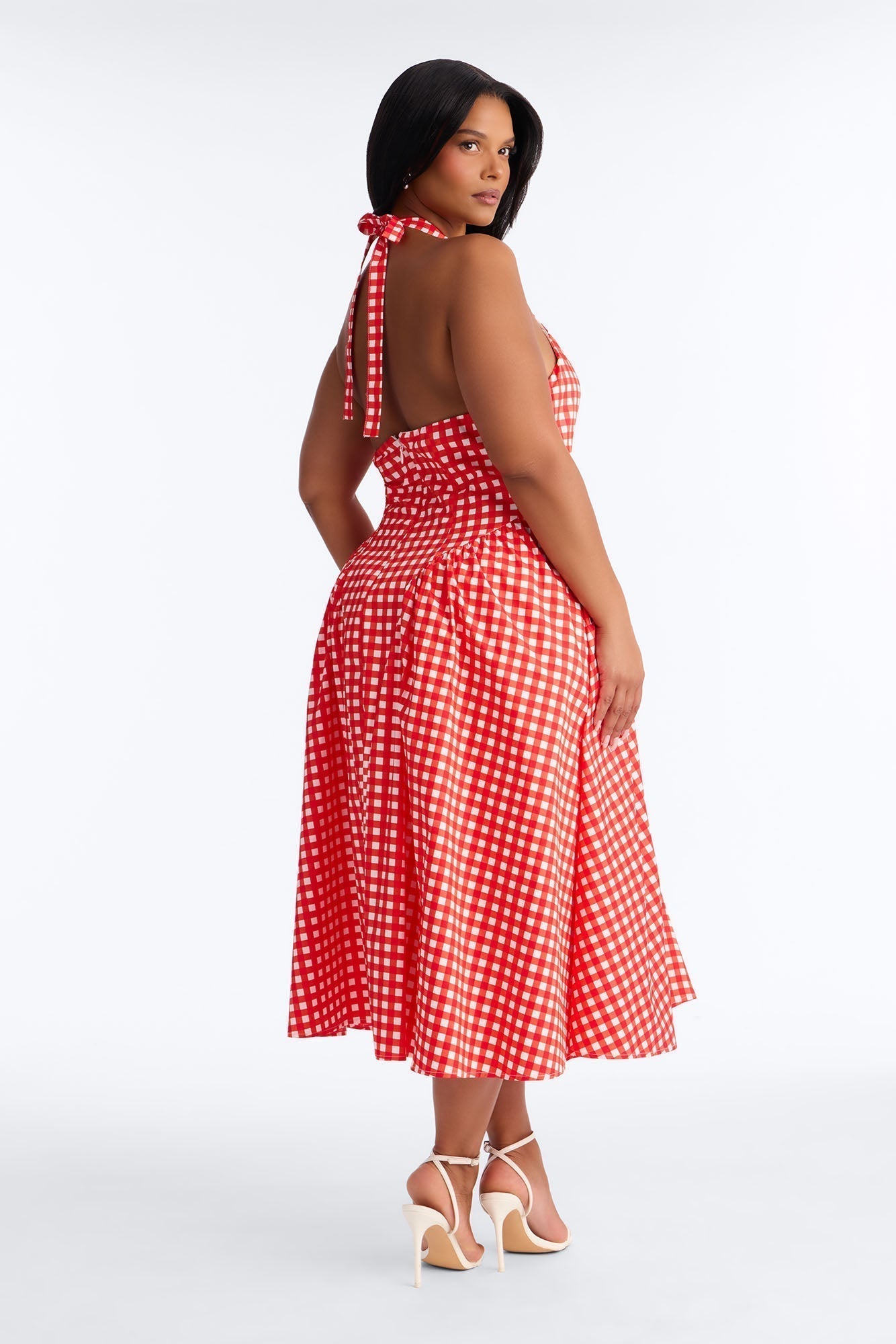 Mara Corset Gingham Midi Dress - Red/combo
