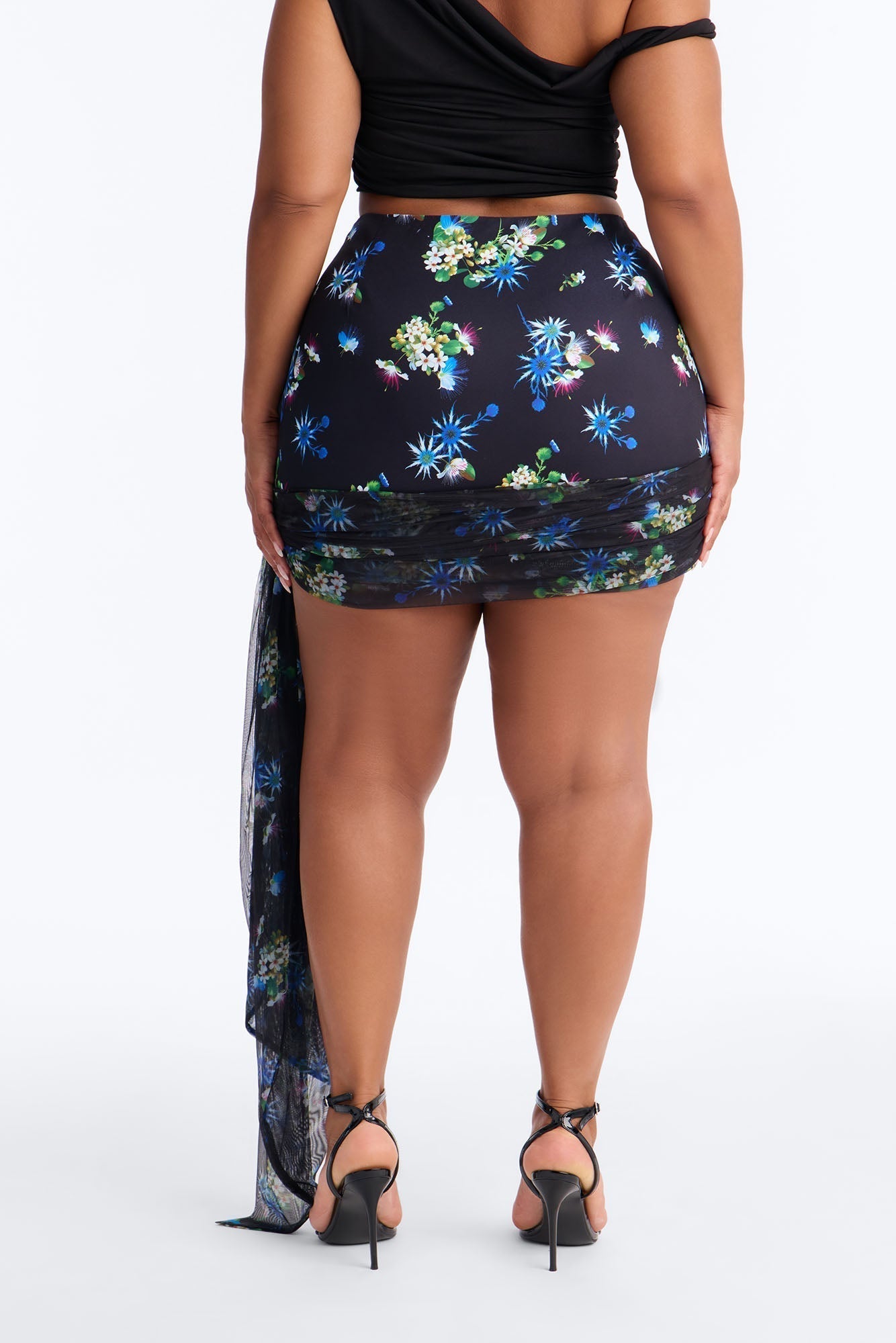 Tatiana Chiffon Floral Draped Mini Skirt - Black/combo