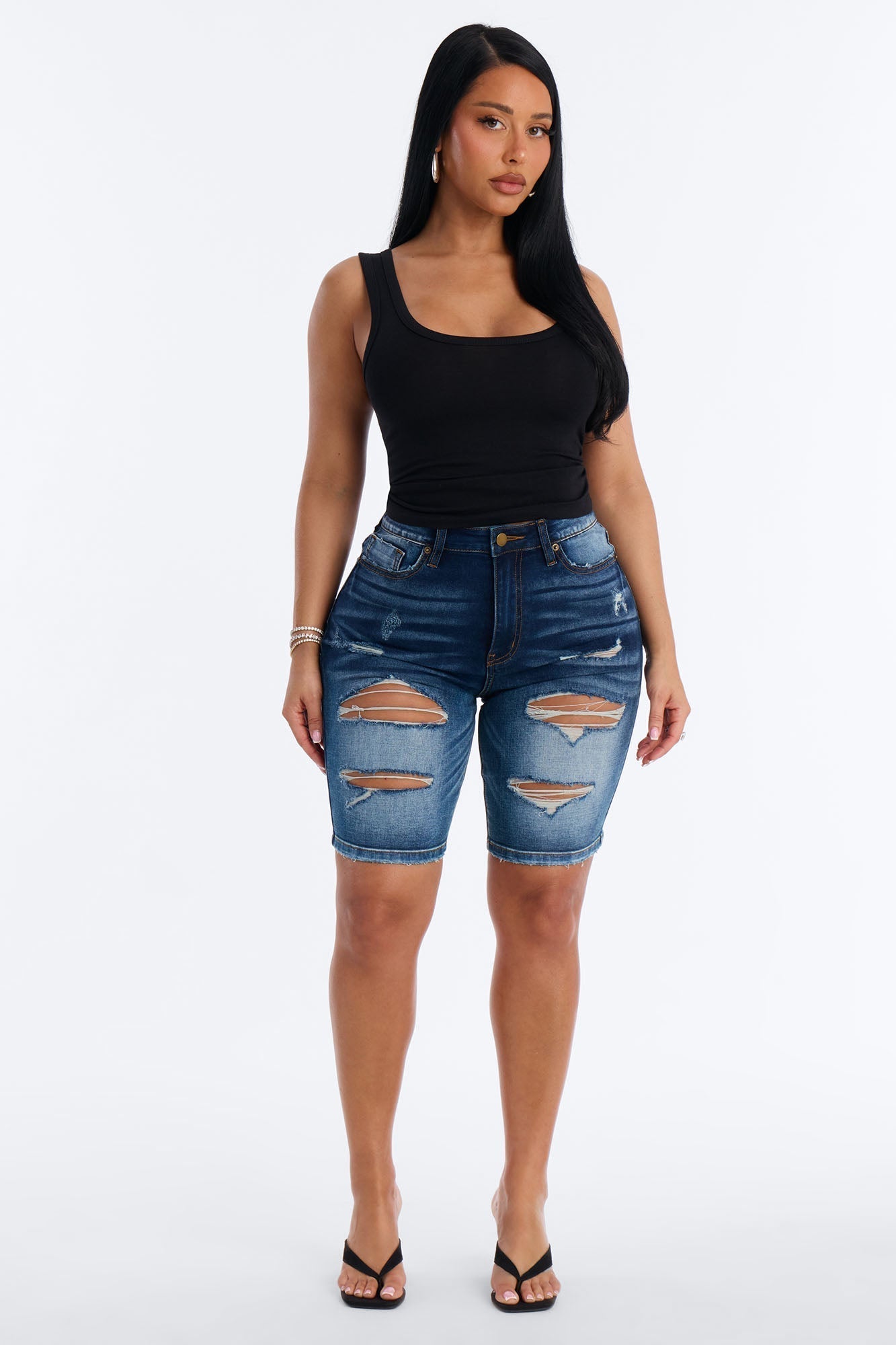 On The List Deluxe Ripped Stretch Bermuda Shorts - Dark Wash