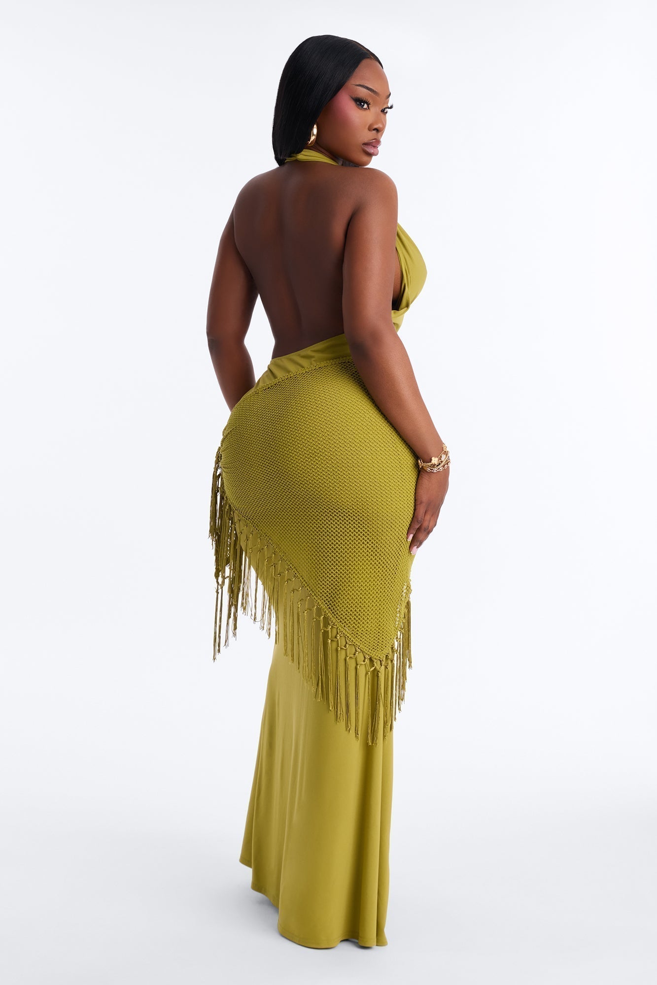 Santorini 2 Piece Fringe Scarf Maxi Dress - Chartreuse