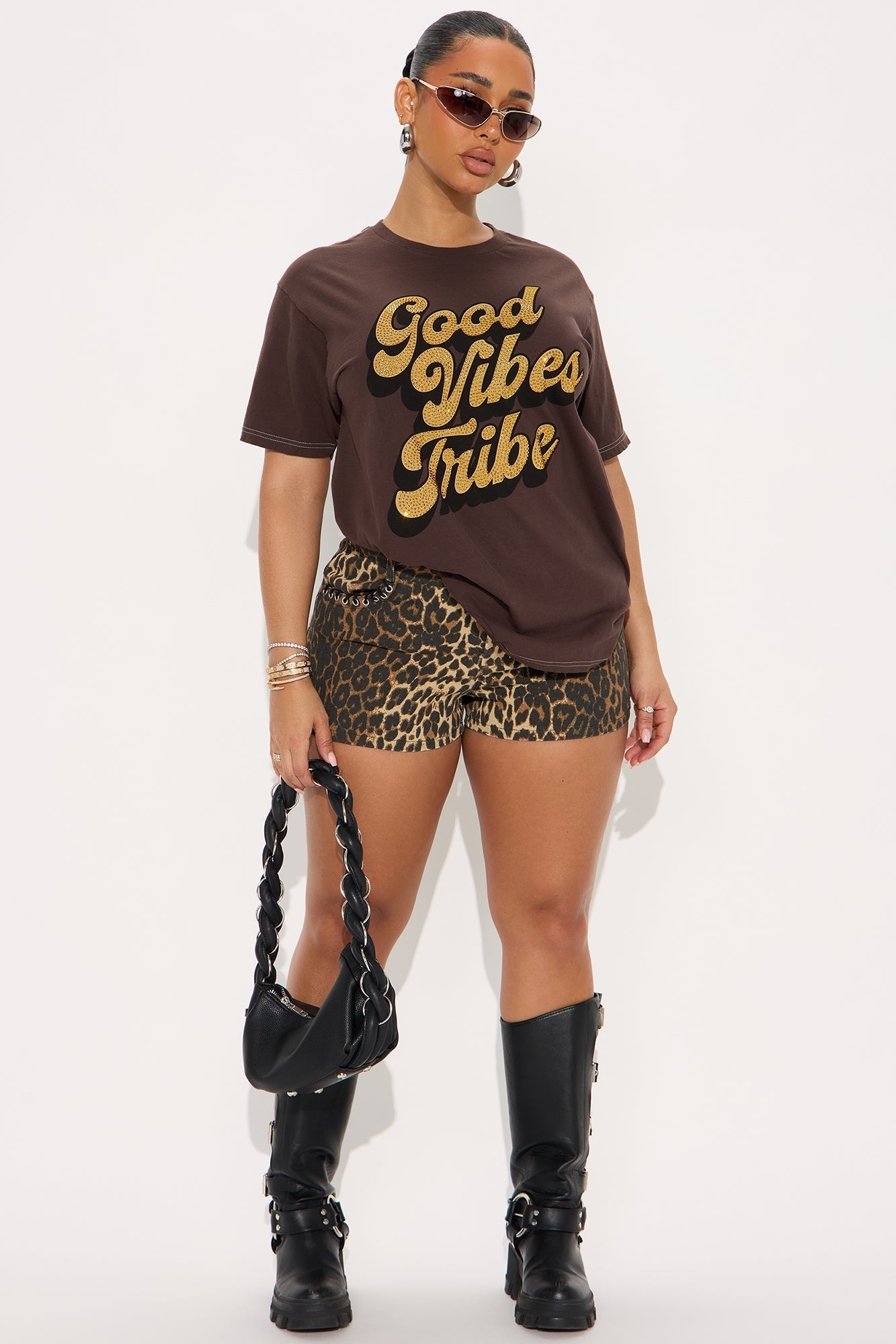 Good Vibes Tribe Rhinestone Tshirt - Brown