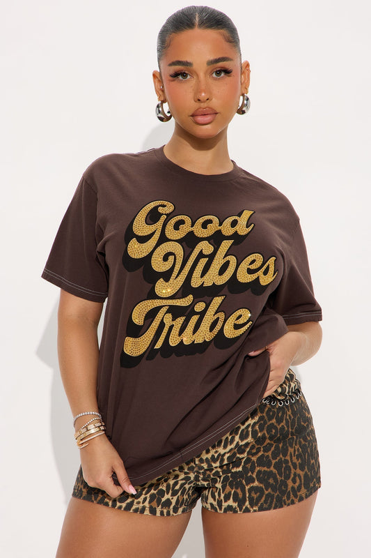 Good Vibes Tribe Rhinestone Tshirt - Brown