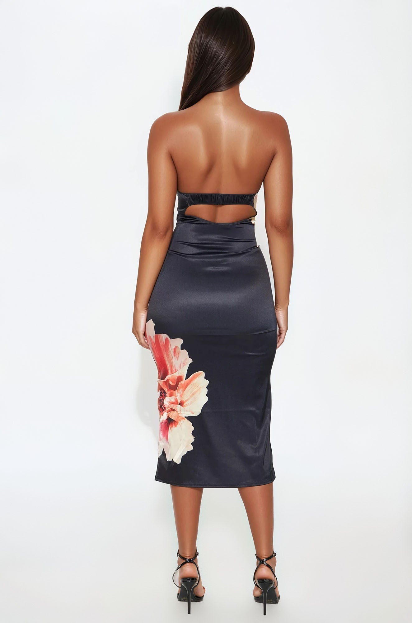 Flora Floral Stretch Satin Midi Dress - Black