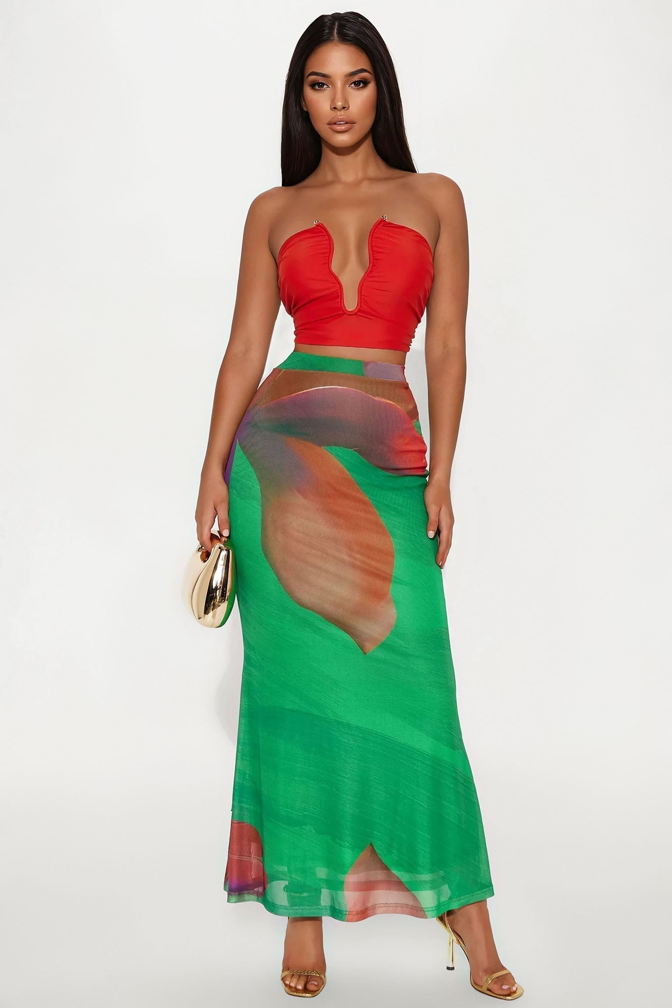 Into The Night Floral Mesh Maxi Skirt - Green/combo