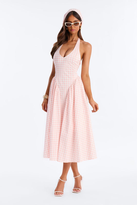 Mara Corset Gingham Midi Dress - Pink/combo