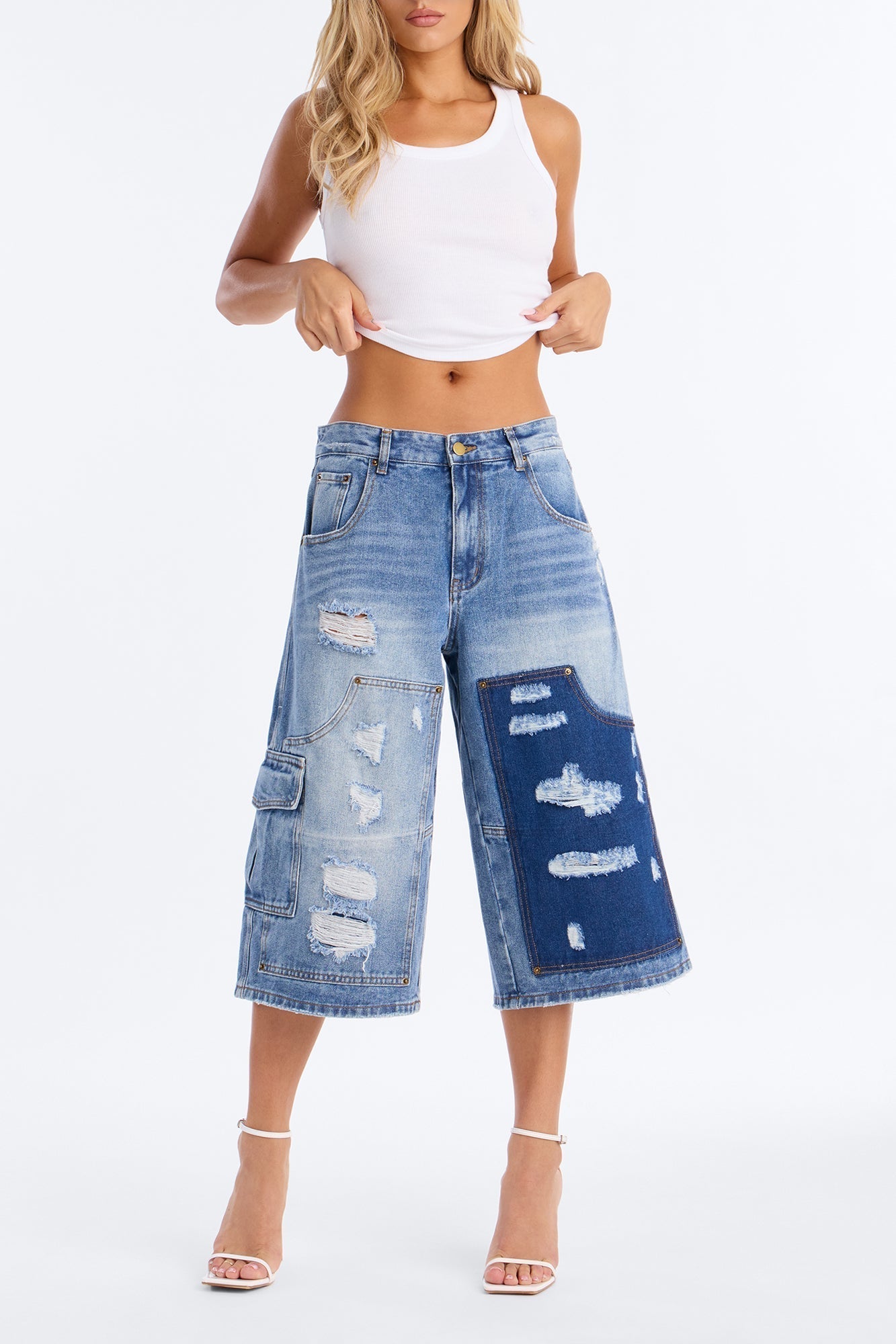 Just Like It Utility Ripped Denim Jorts - Medium Wash
