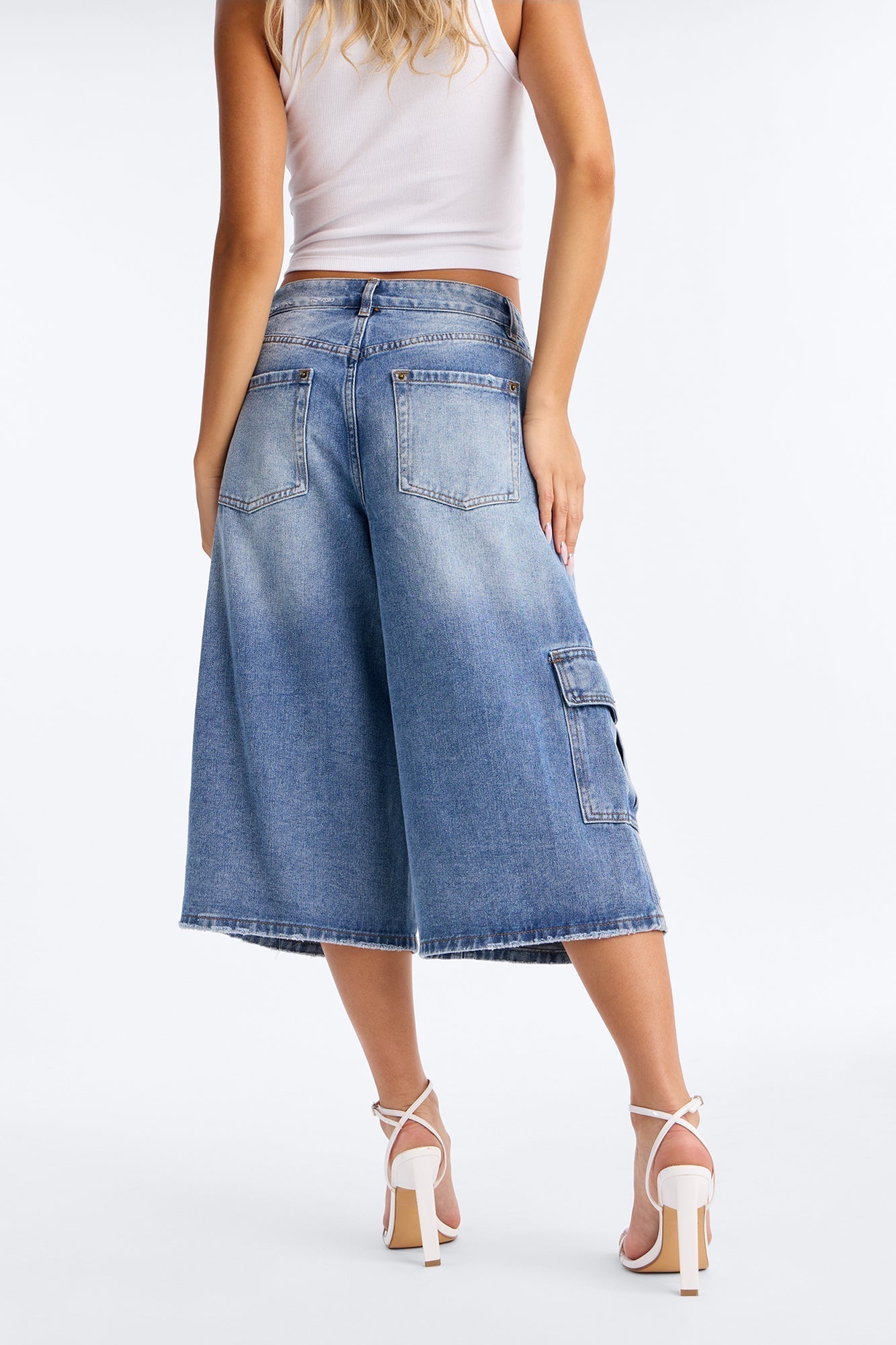 Just Like It Utility Ripped Denim Jorts - Medium Wash