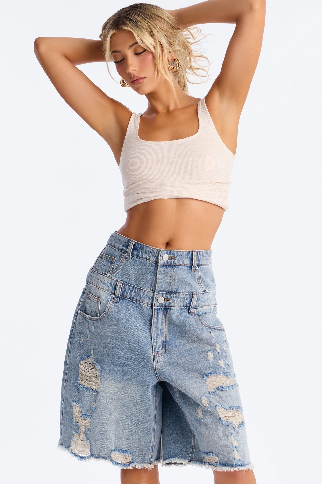 We Stick Together Double Waistband Ripped Denim Jorts - Medium Wash