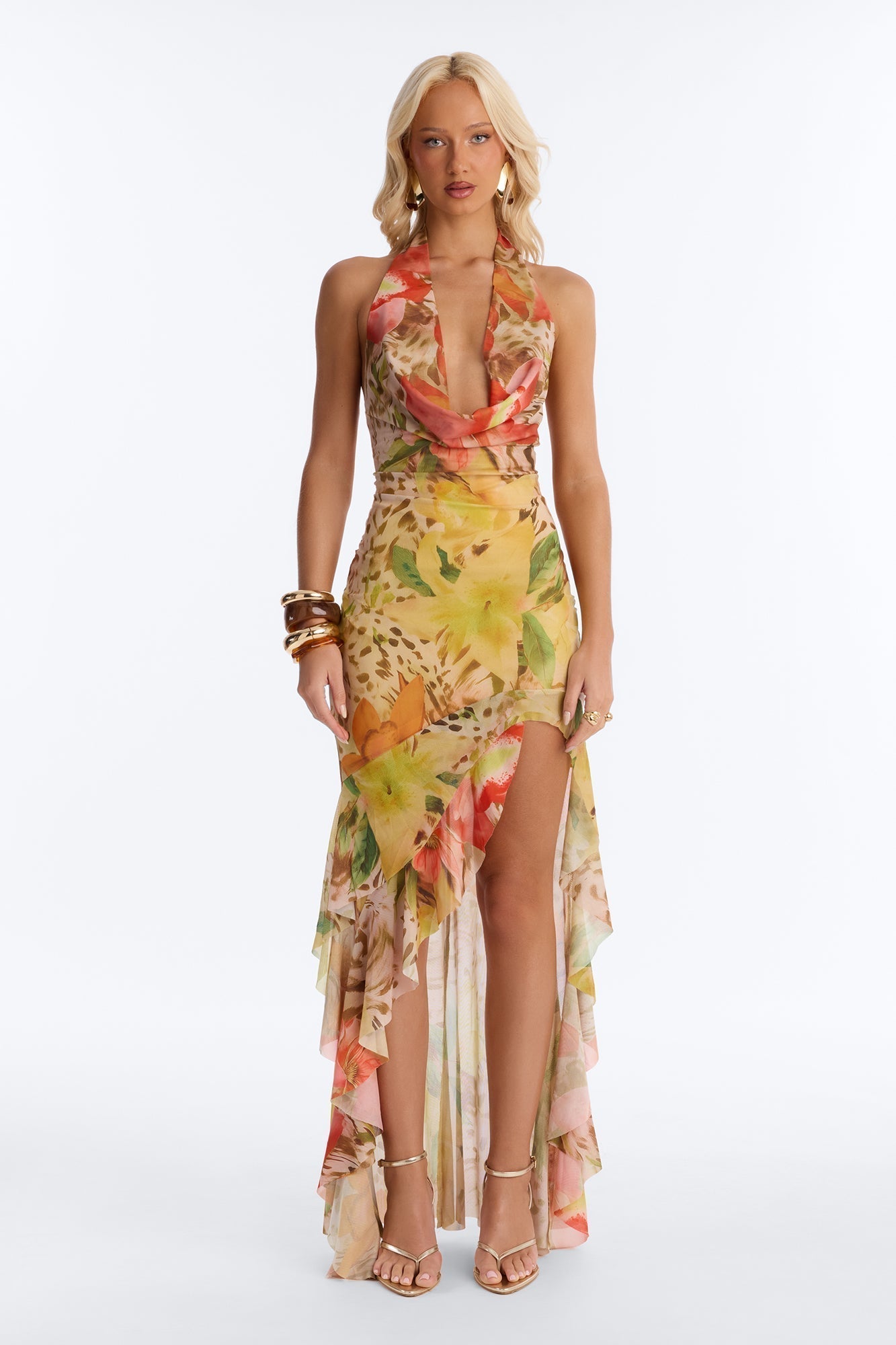Tropic Energy Halter Mesh Maxi Dress - Yellow/combo