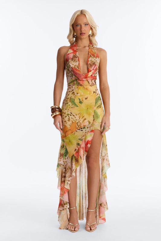 Tropic Energy Halter Mesh Maxi Dress - Yellow/combo