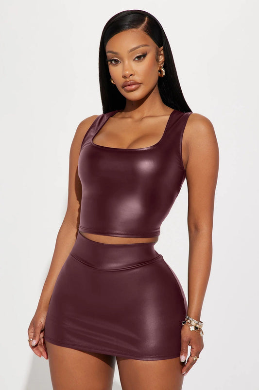 Missy Faux Leather Mini Skort - Burgundy