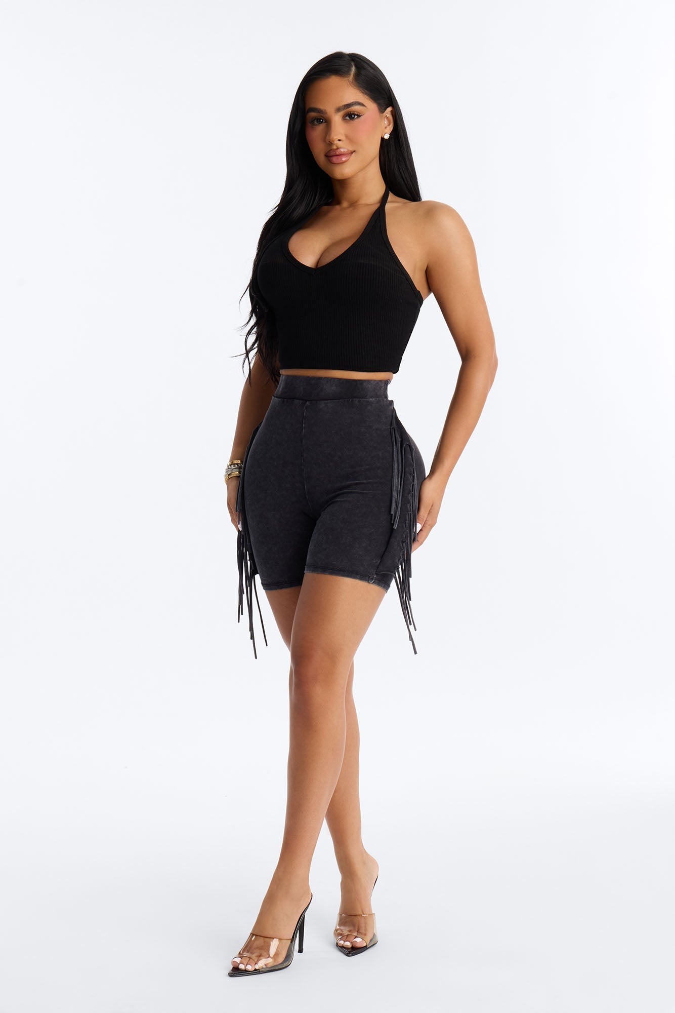 Shake It Up Washed Fringe Trim Biker Short 4″ - Black