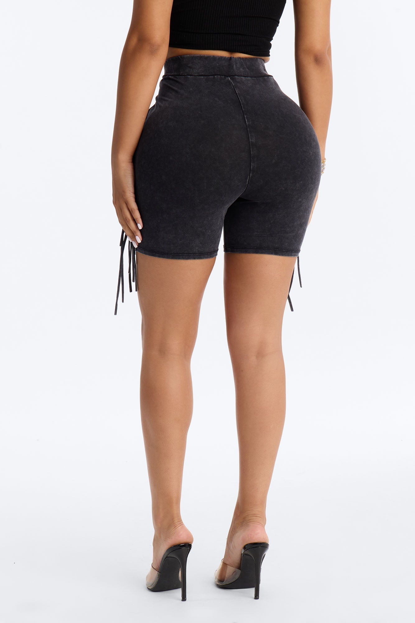 Shake It Up Washed Fringe Trim Biker Short 4″ - Black