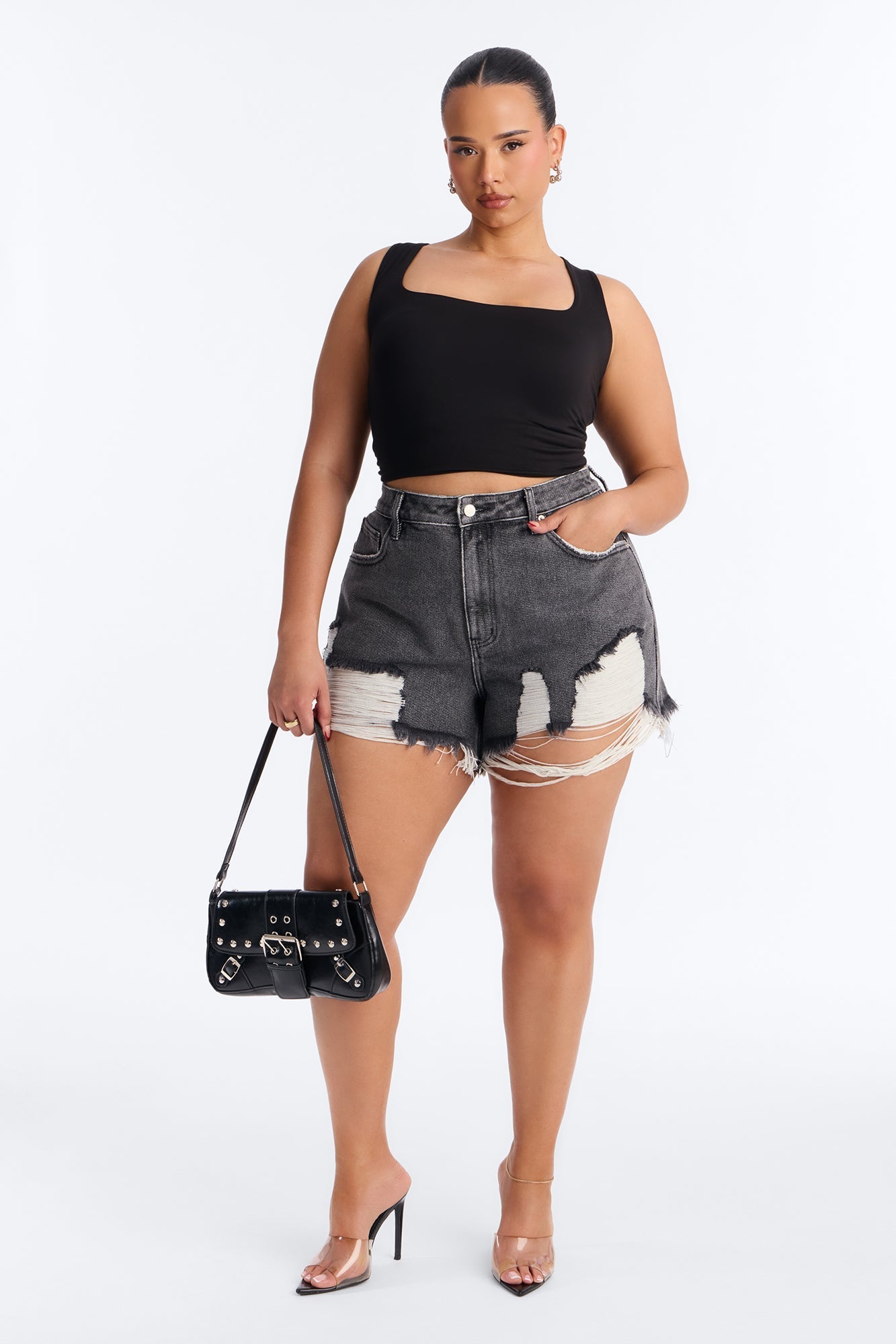 Indio Ripped High Rise Denim Shorts - Black Wash