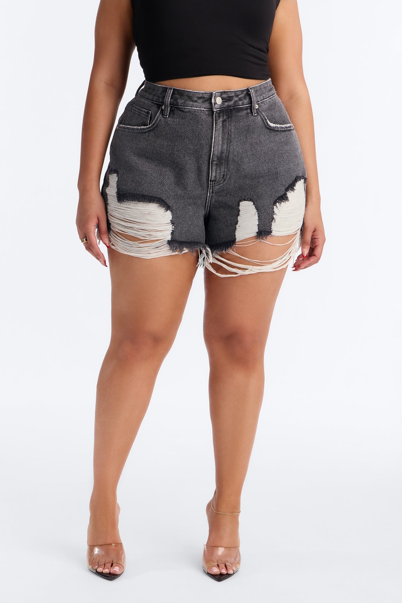 Indio Ripped High Rise Denim Shorts - Black Wash