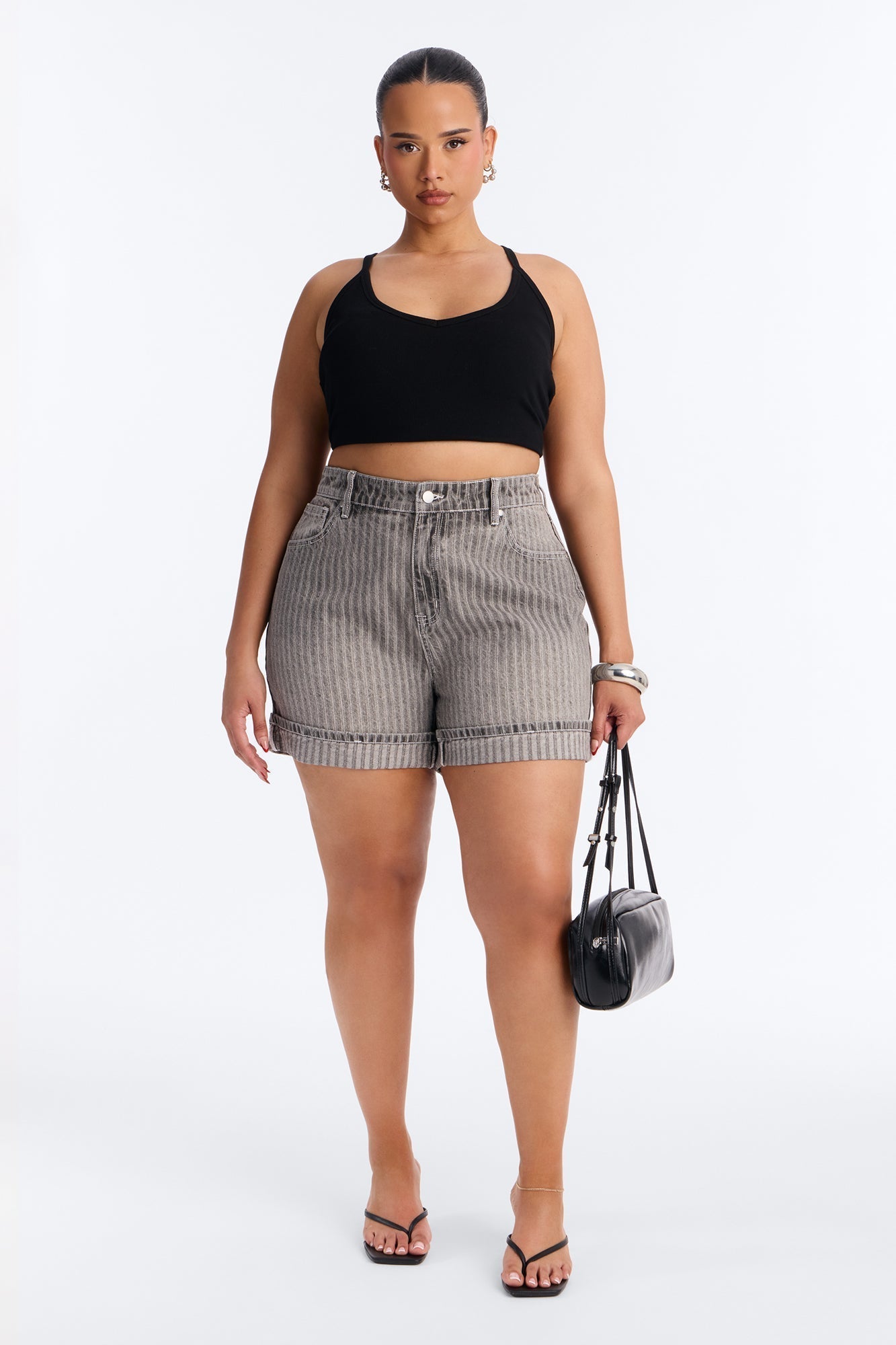 Catch Up Stripe Cuffed Denim Shorts - Grey