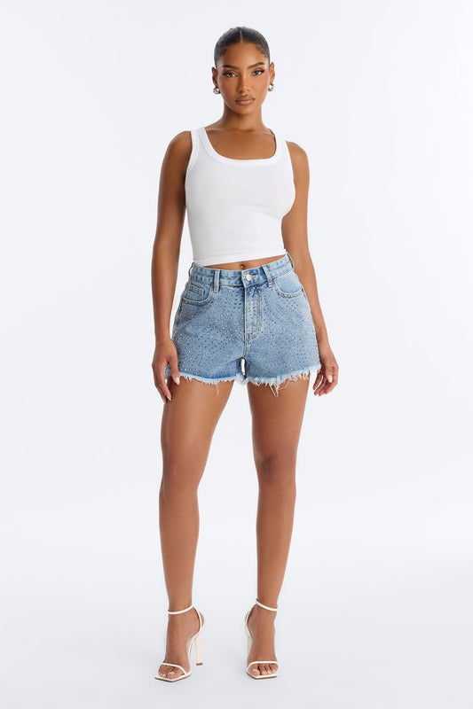 Simply Stunnin' Embellished Cut Off Denim Shorts - Medium Wash