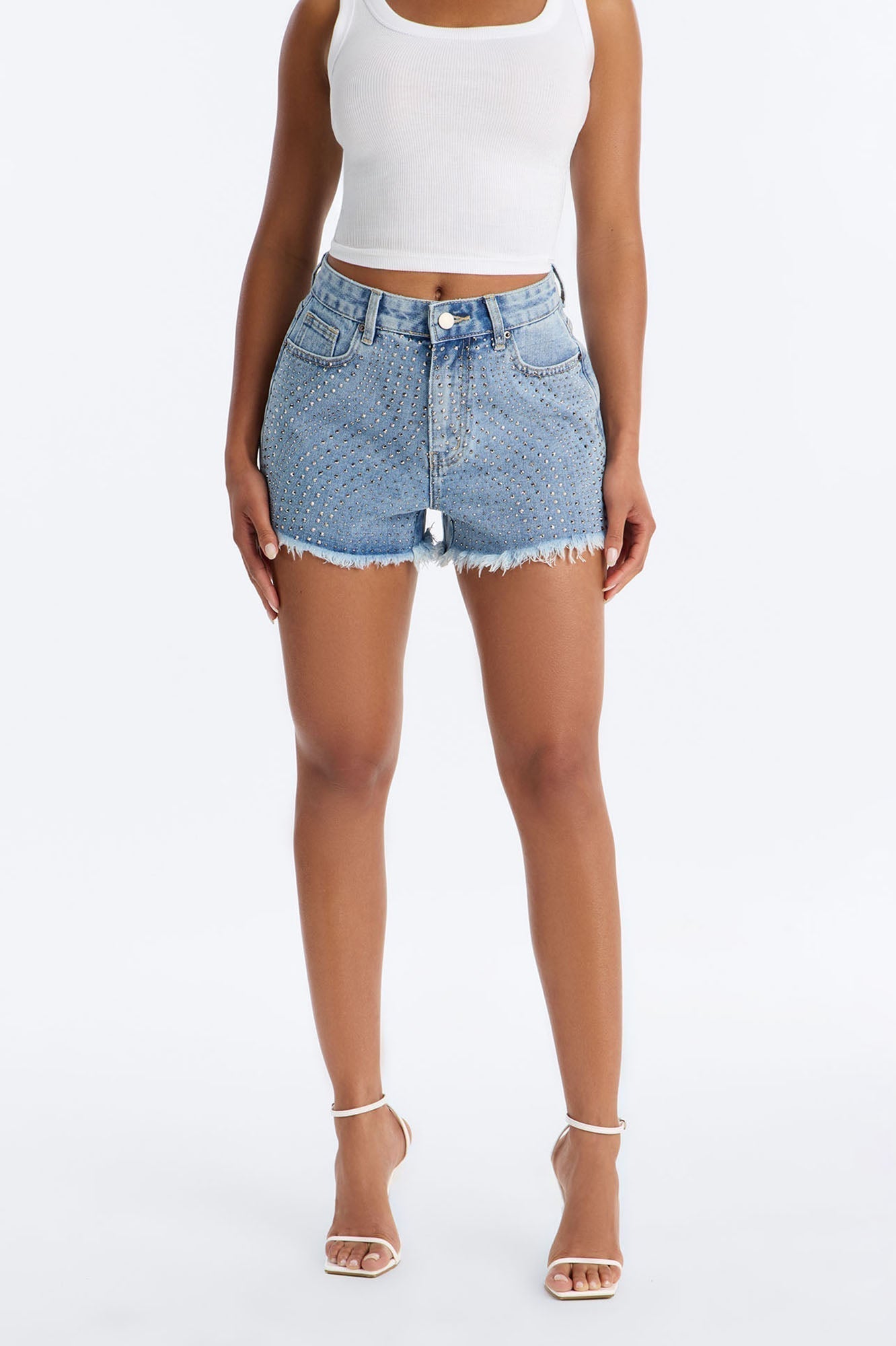 Simply Stunnin' Embellished Cut Off Denim Shorts - Medium Wash