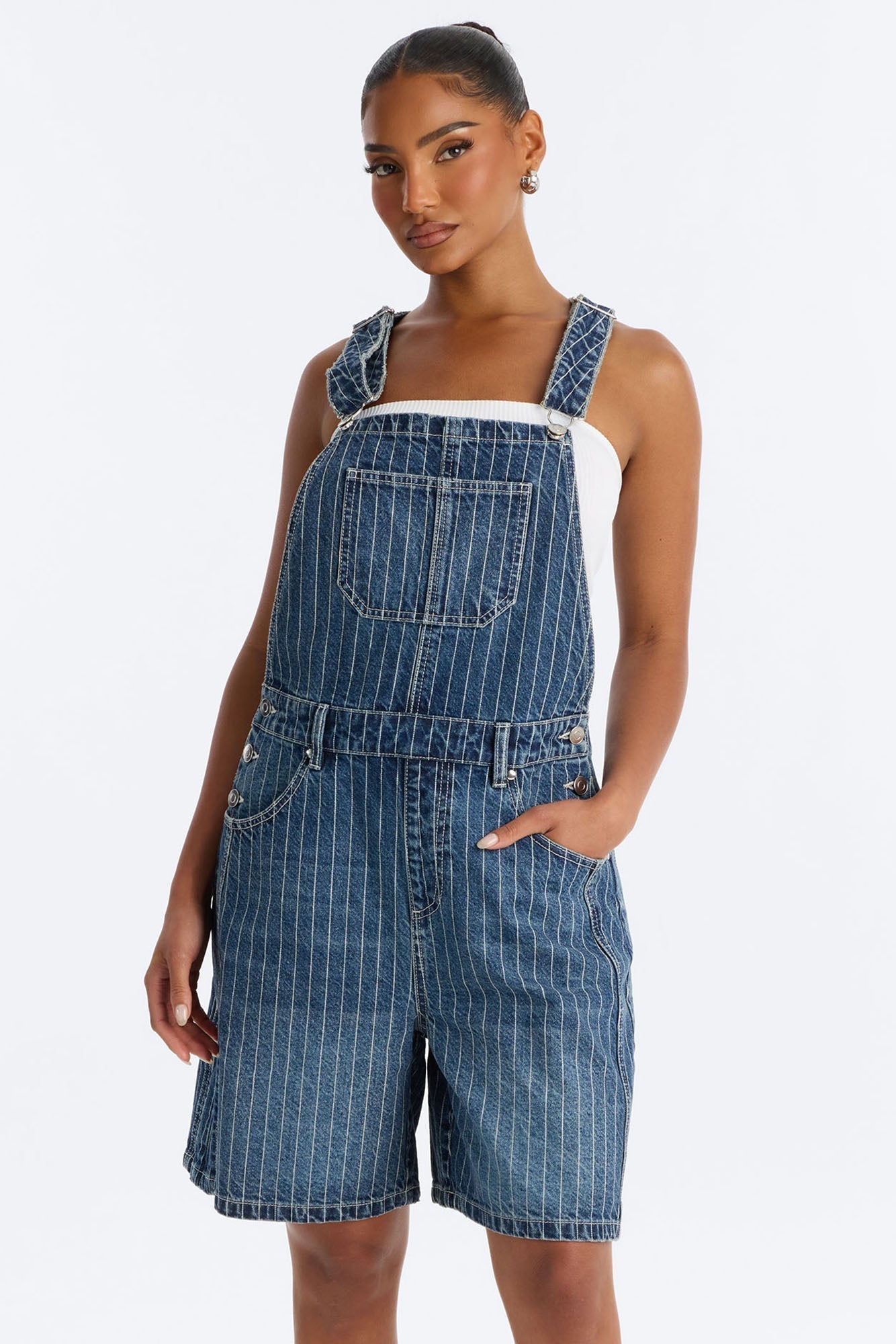 Legendary Striped Denim Shortalls - Medium Wash