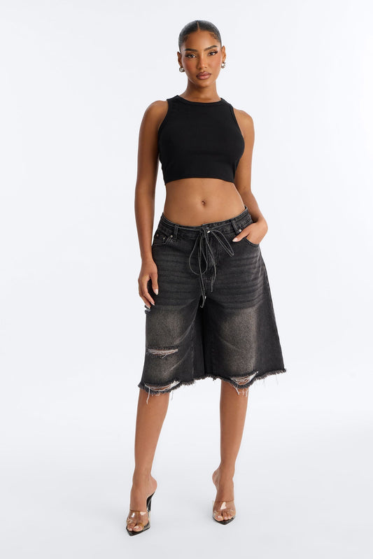 Ludlow Tie Waist Ripped Denim Jorts - Black Wash