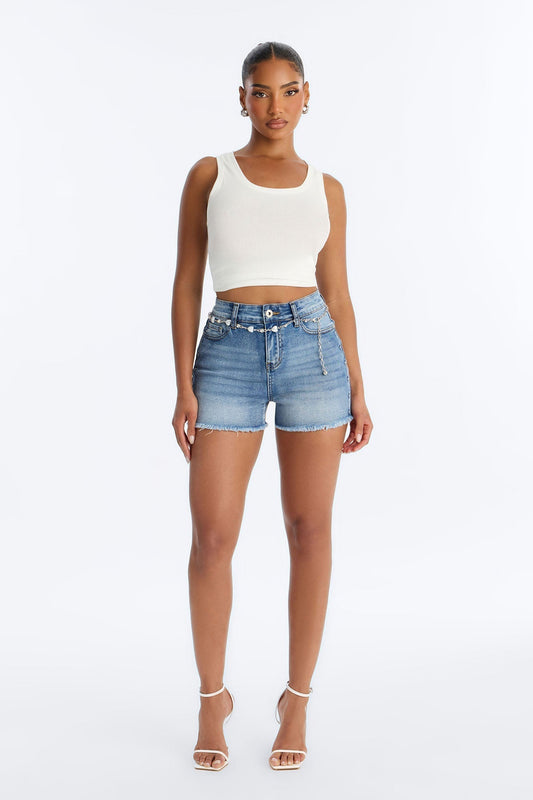 Sweetest Heart Embossed Belted Denim Shorts - Medium Wash