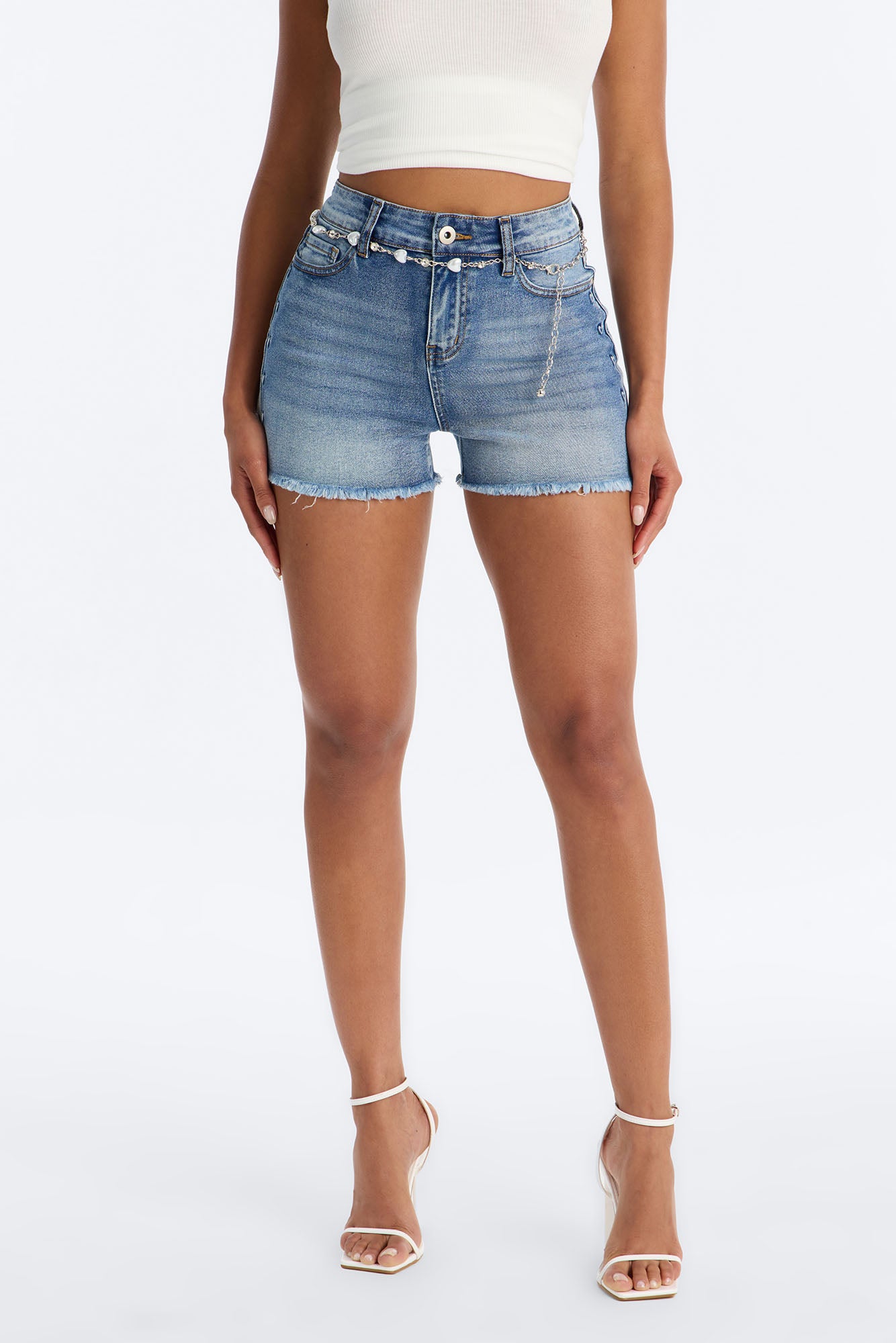 Sweetest Heart Embossed Belted Denim Shorts - Medium Wash