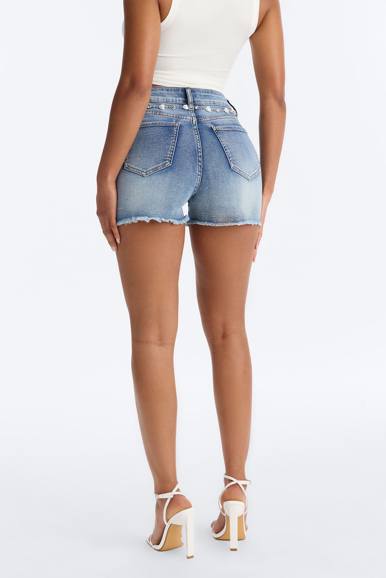Sweetest Heart Embossed Belted Denim Shorts - Medium Wash