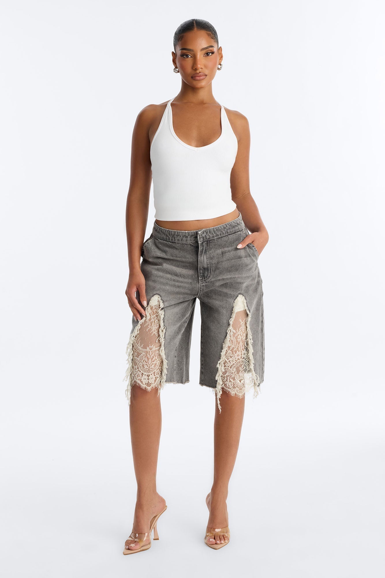 The Way It Goes Lace Detail Denim Jorts - Grey