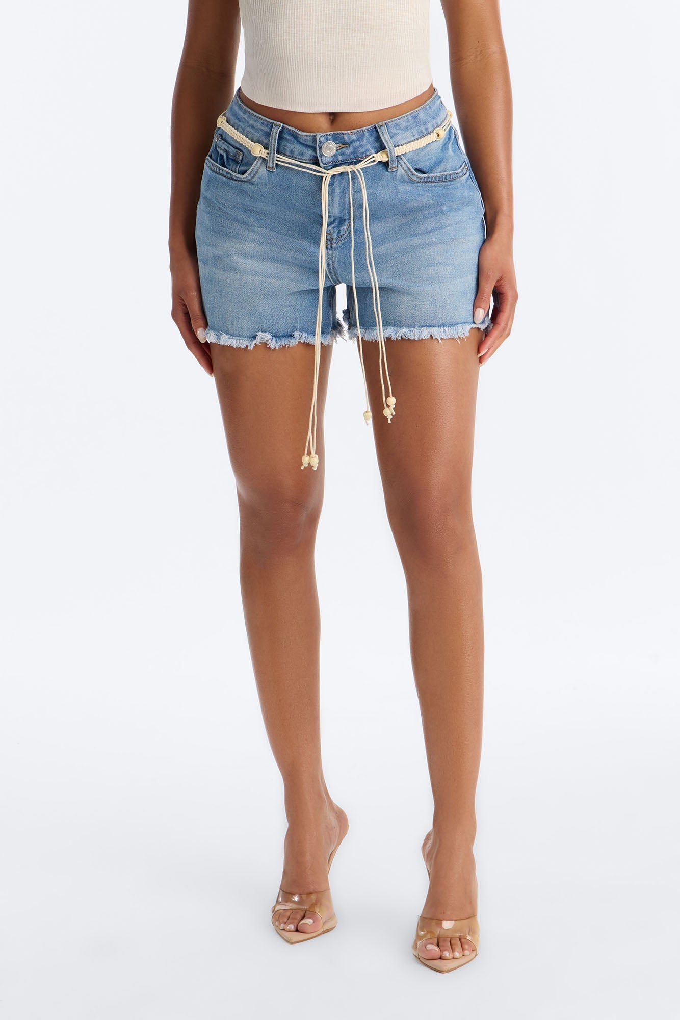 Indio Valley Belted Cut Off Denim Shorts - Medium Wash