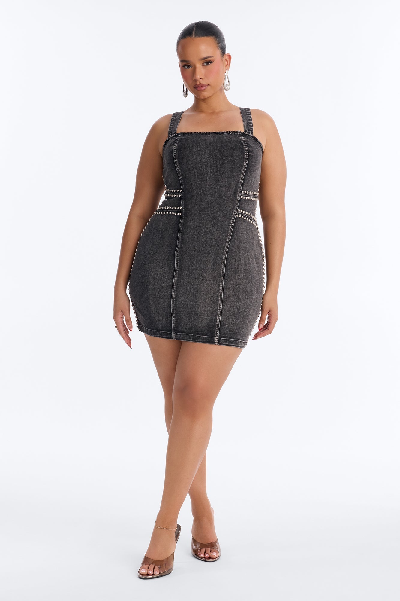 Kassidy Studded Stretch Denim Micro Mini Dress - Black Wash